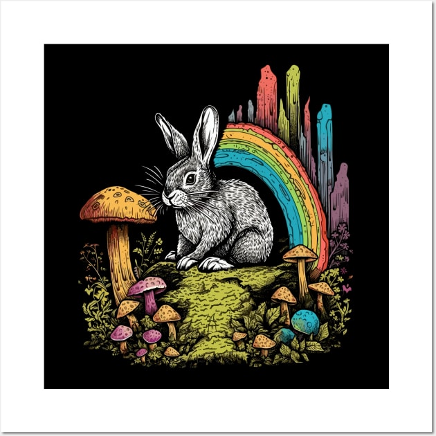 Mushroom Rainbow Forest Rabbit Vintage Illustration Wall Art by TeeTrendz